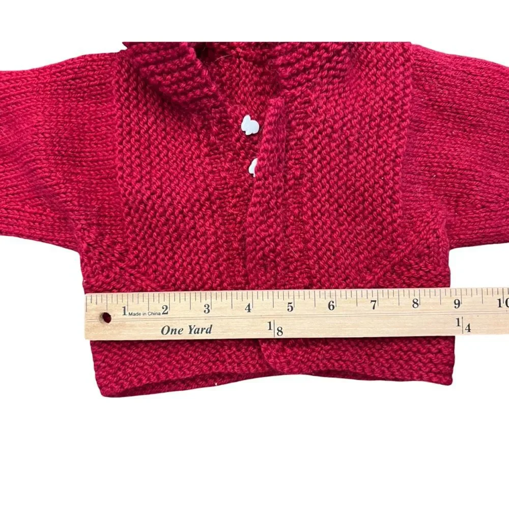 Handmade Red Knit Baby Hoodie with Bunny Button Detail Size 3-6 Months